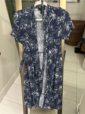 Tahari Navy and White Tropical-Print Midi Dress
